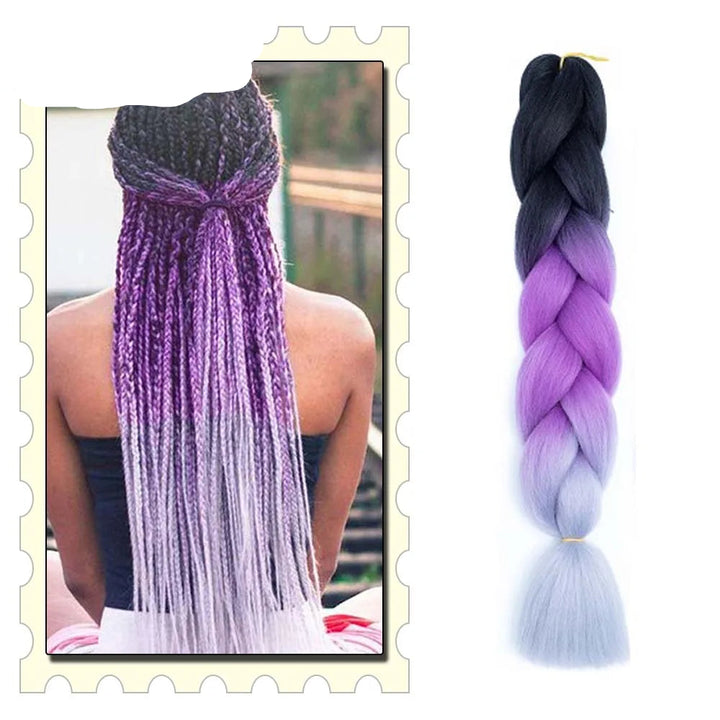 Purple and black braided hair extensions with a person wearing them