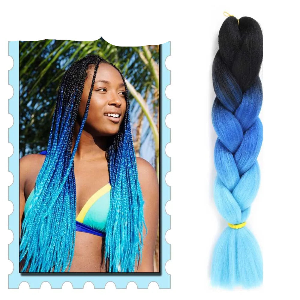 Blue ombre braided hair extensions with a woman in a bikini in the background