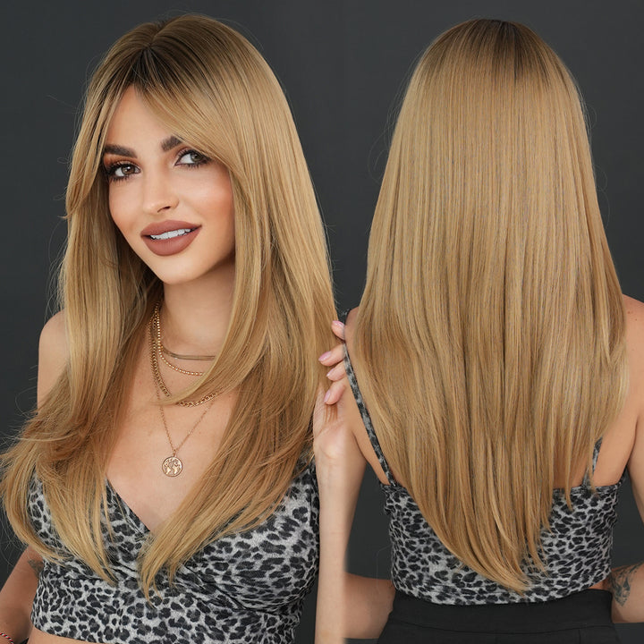 Honey Blonde Wig with Bangs - Long Brown Wigs for Women, Layered Heat Resistant Synthetic Wigs. Perfect for a natural look!
