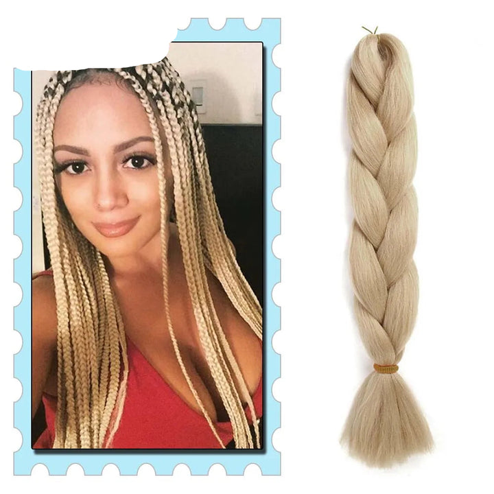Blonde braided hair extension with a woman wearing it.