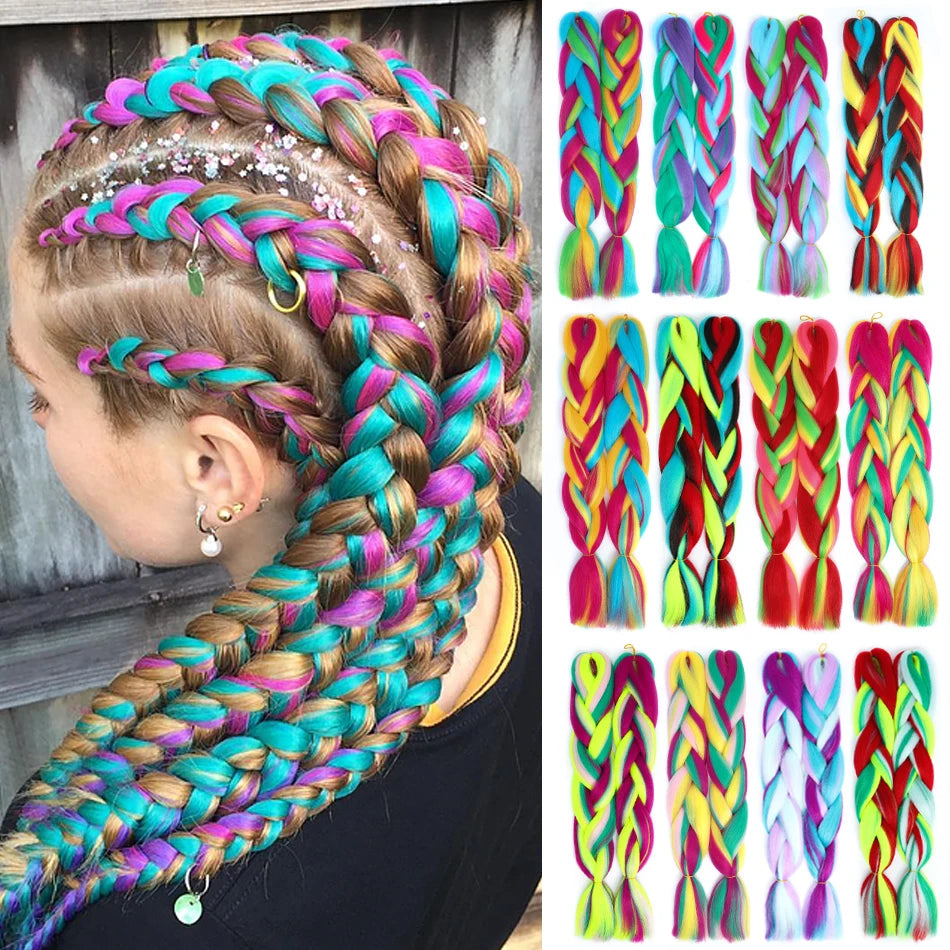 Colorful braided hair extensions with a person wearing them and additional extensions displayed.