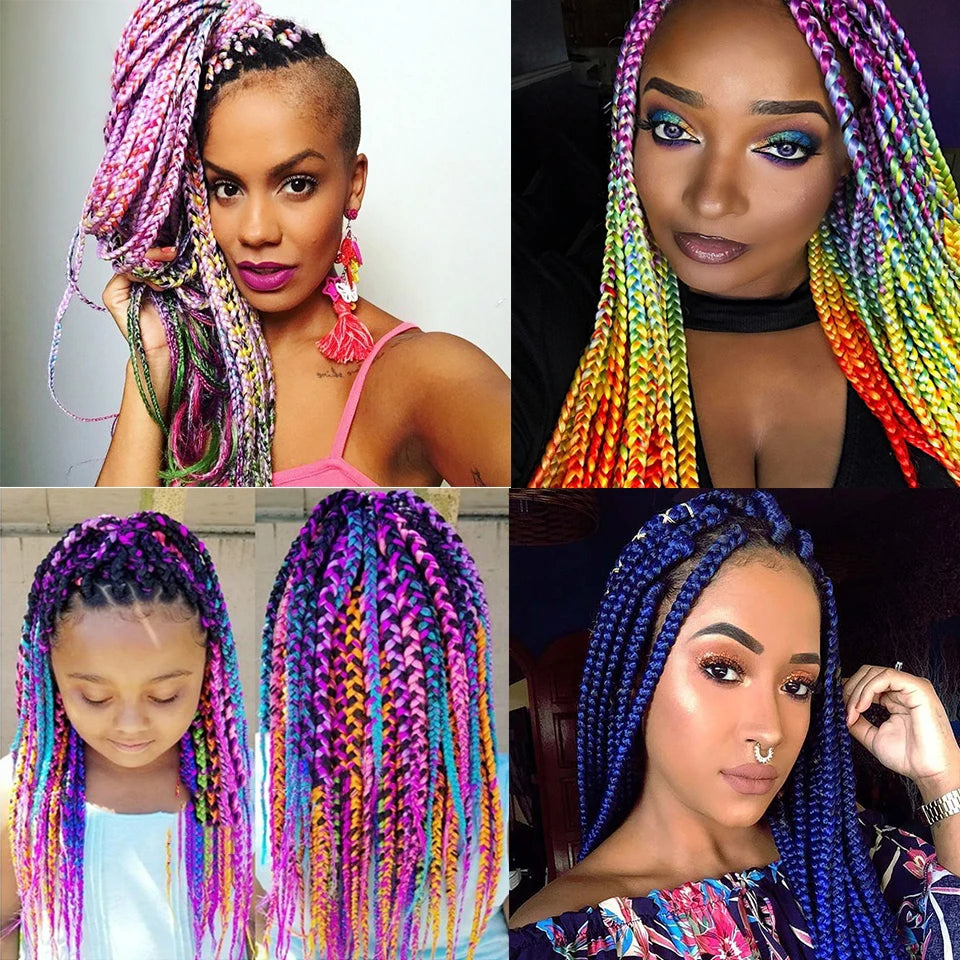 Collage of women with colorful braided hairstyles.