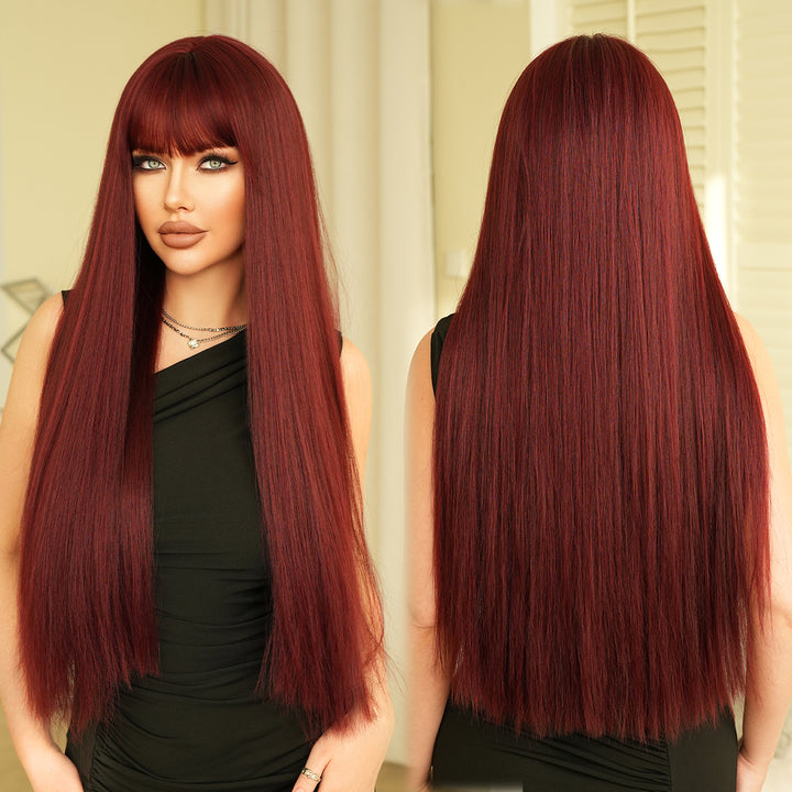 28 Inch Natural Black Wig with Bangs Extra Long Straight Wig for Women. This wig is natural-looking and comes in black-brown synthetic material.