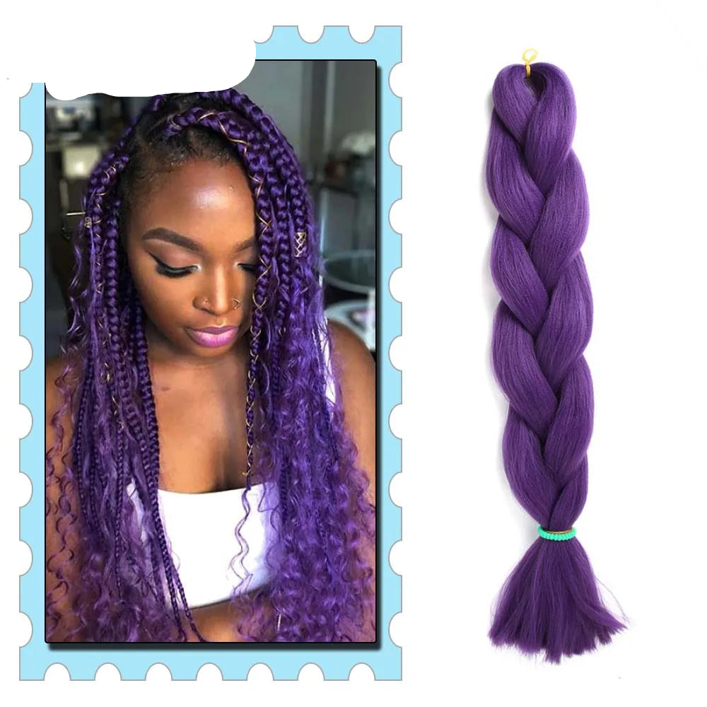 Purple braided hair extensions with a woman wearing them and a close-up of the extensions on a white background.