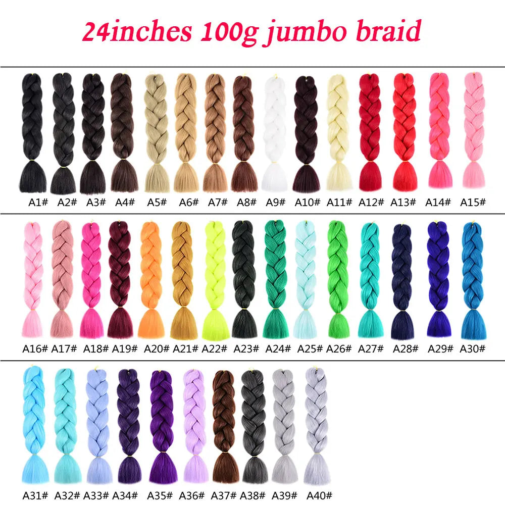Color chart of 24-inch 100g jumbo braids in various colors.