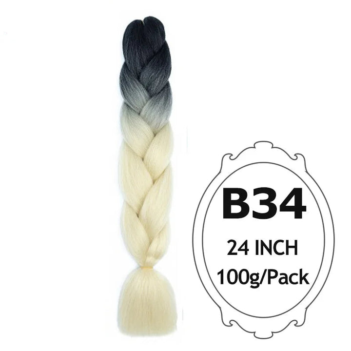 Braided hair extension with gradient color and product details on a white background