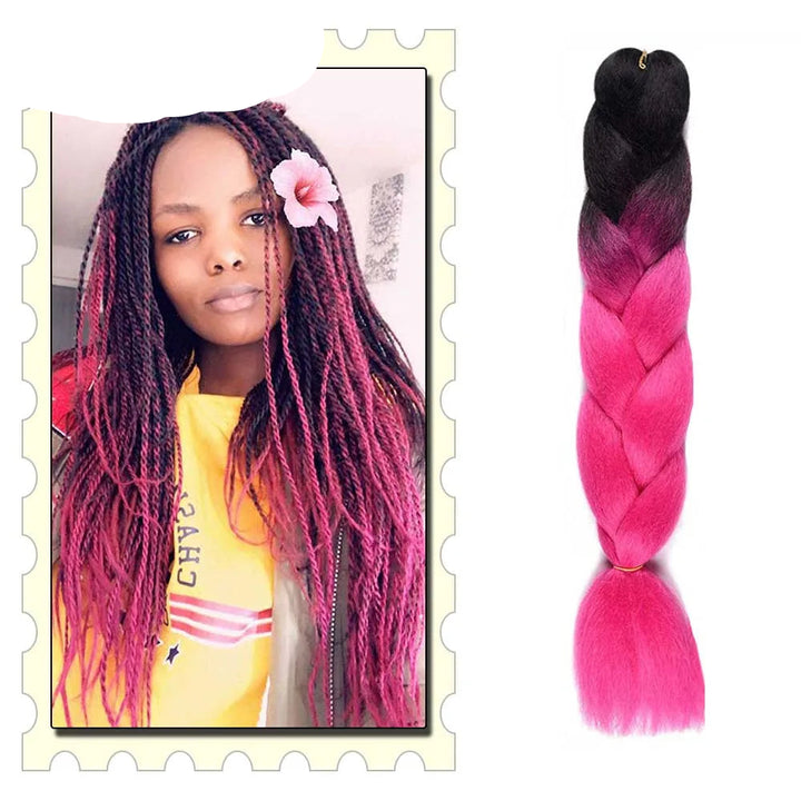 24" Pink Jumbo Braiding Hair – Yaki Texture Synthetic Bulk Extensions (Purple/Red/Green Options)