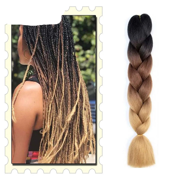 Ombre braided hair extension with a visible brand logo on a decorative border.