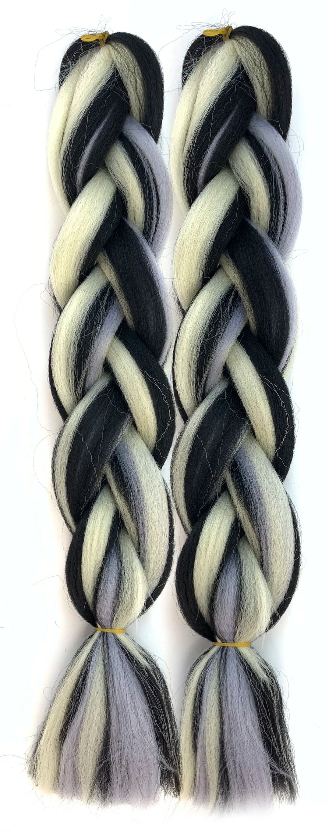 Two braided hair extensions in black, white, and gray colors.