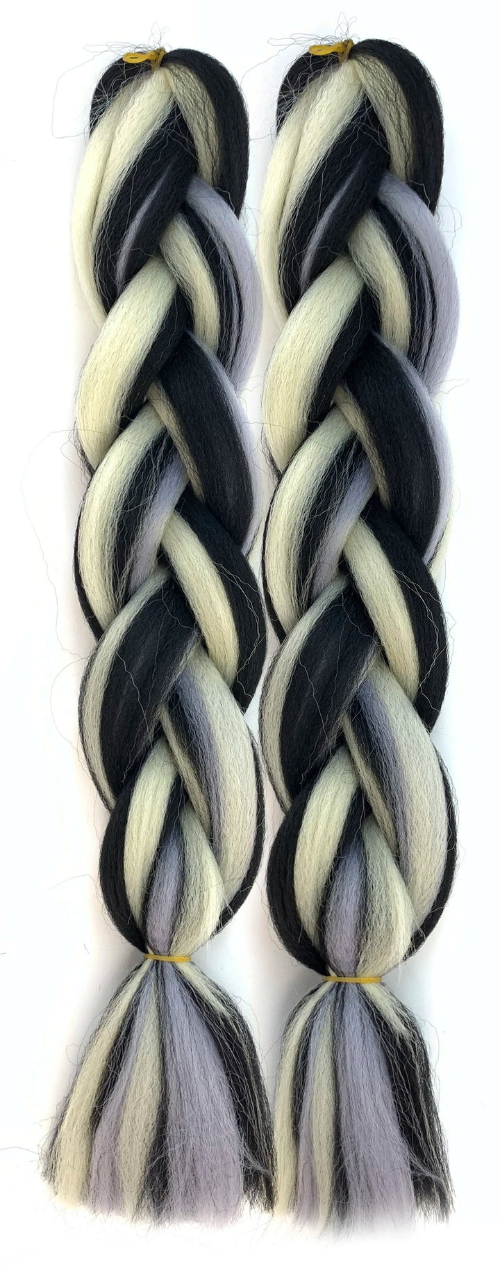 Two braided hair extensions in black, white, and gray colors.