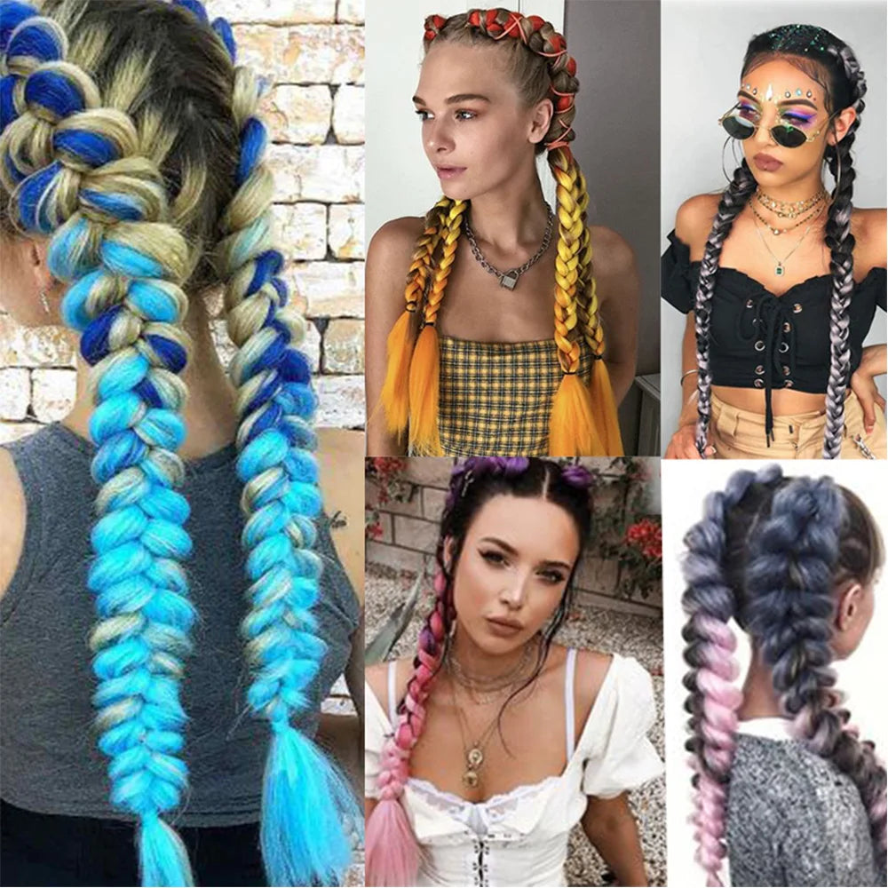 Collage of women with colorful braided hairstyles in various settings.