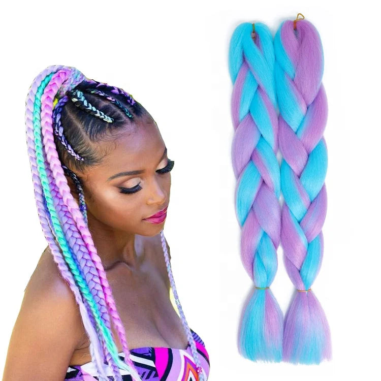 Woman with colorful braided hair and a close-up of the braids on a white background