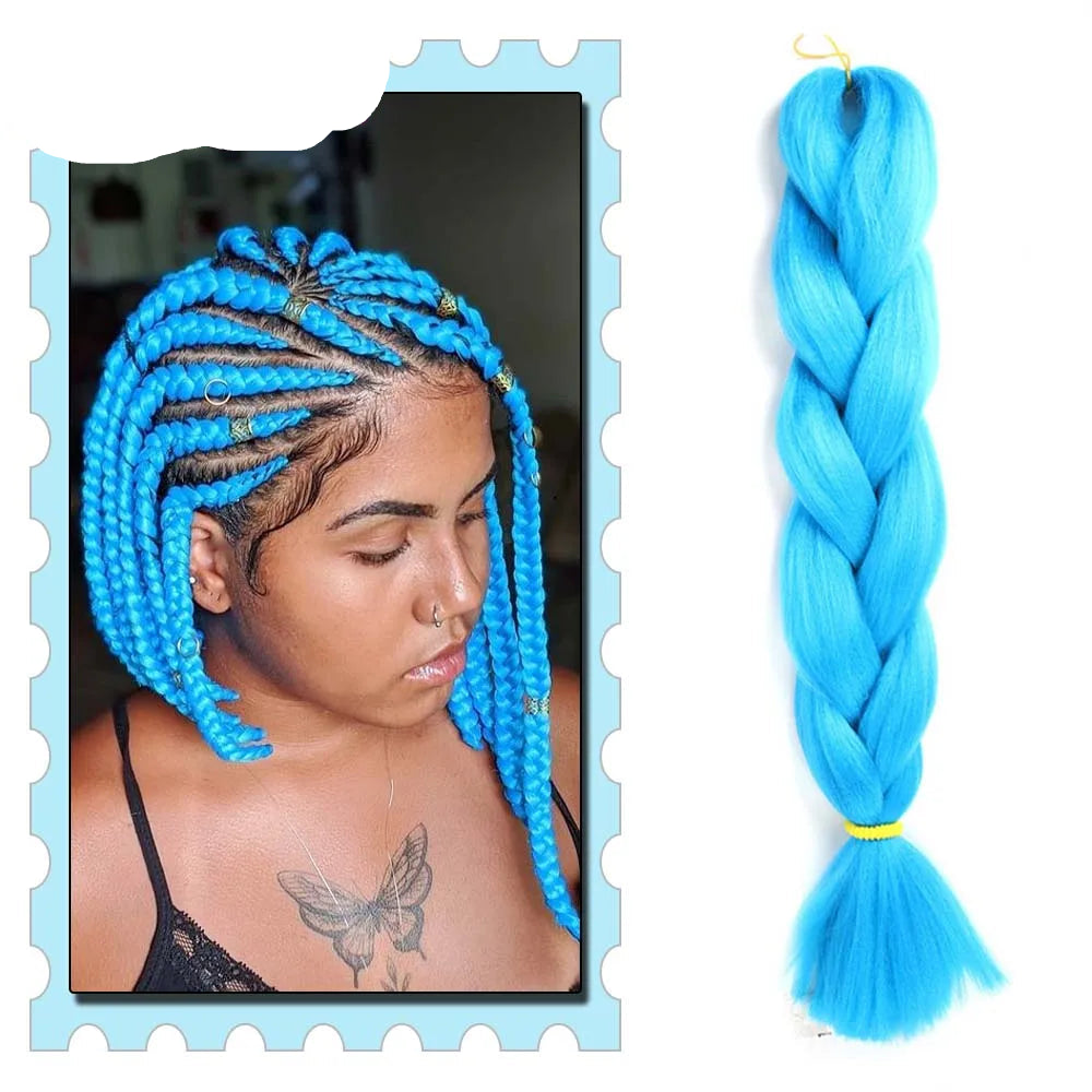 Blue braided hair extensions with a woman wearing