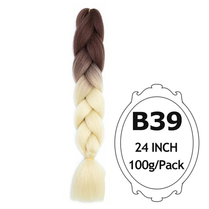 Braided hair extension with brown to blonde color gradient