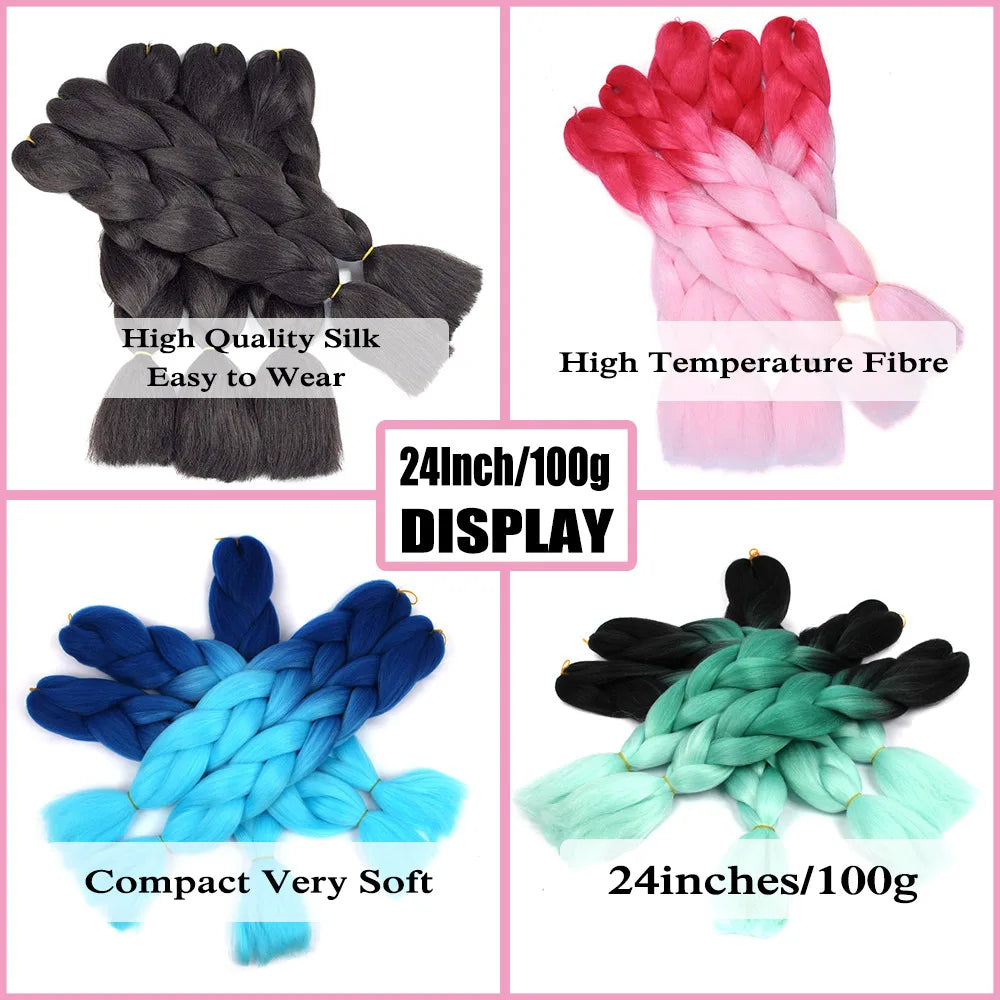 3/4/5/6 Packs Jumbo Braiding Hair 24 Inch Purple Jumbo Braids Hair Extensions for Women Synthetic Fiber Pink Blue Red Braid Hair