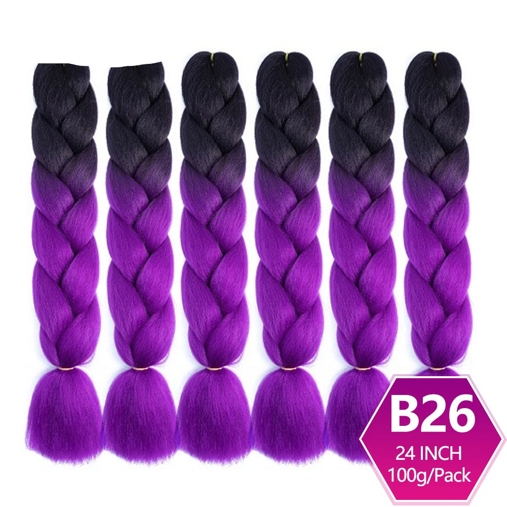 Purple and black braided hair extensions with on a white background.