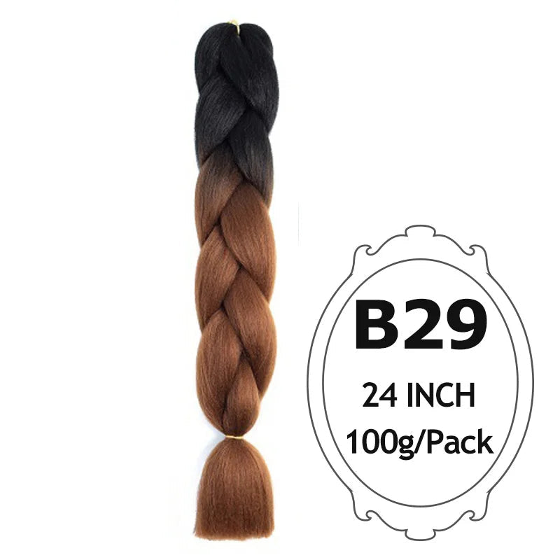 Braided hair extension with gradient color and product details on a white background