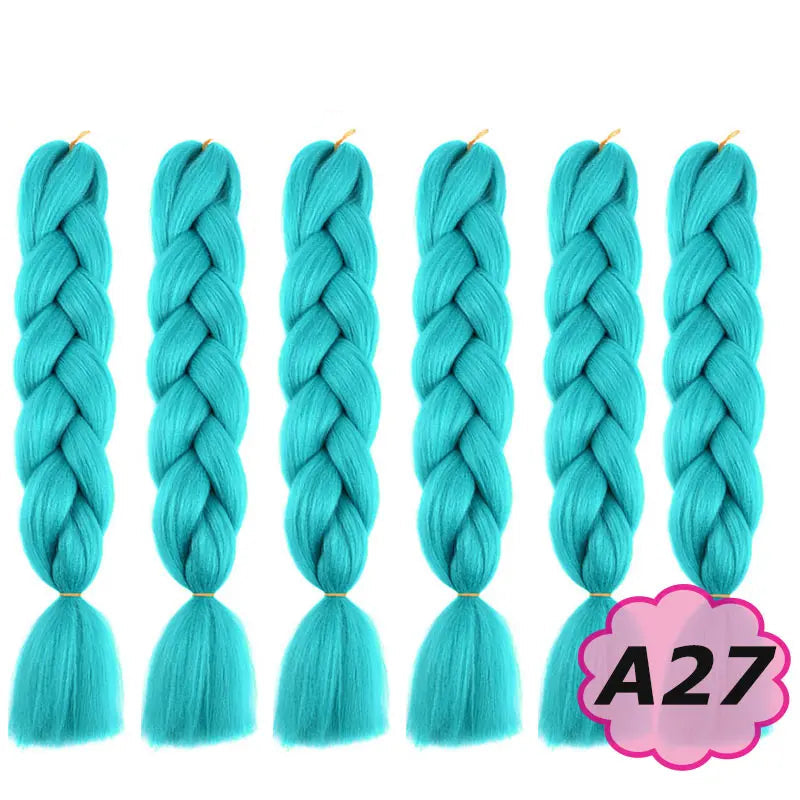 Turquoise braided hair extensions with  on a white background.