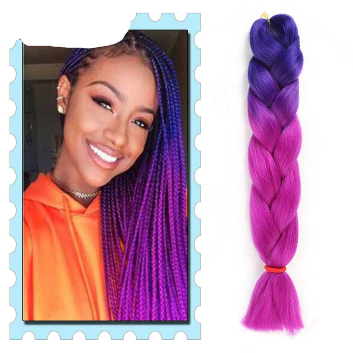 Purple ombre braided hair extension with a model wearing orange hair extensions on a blue border, featuring 'Mirra's Mirror' branding.