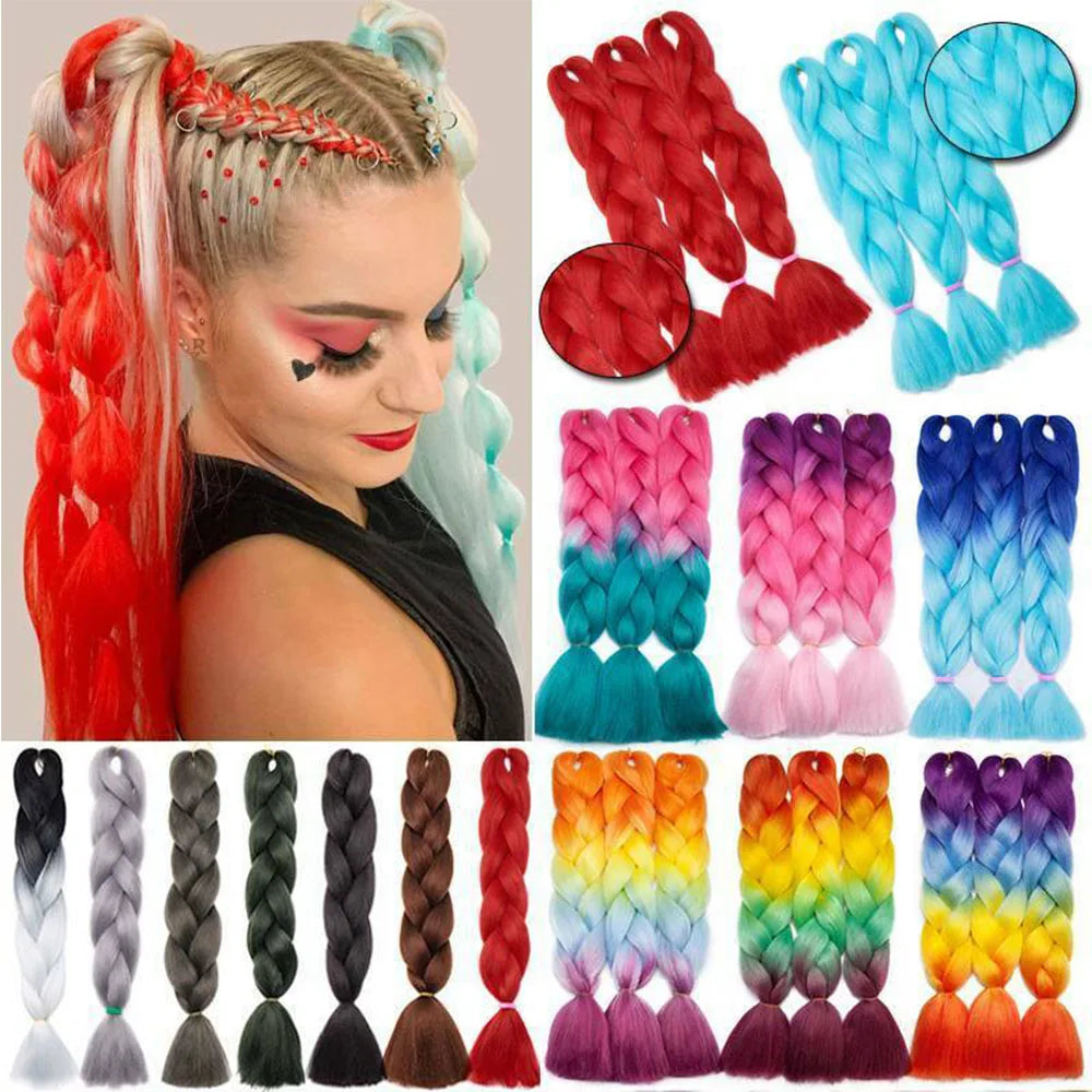 Collage of braided hair extensions in various colors with a person styled with red and blonde hair.