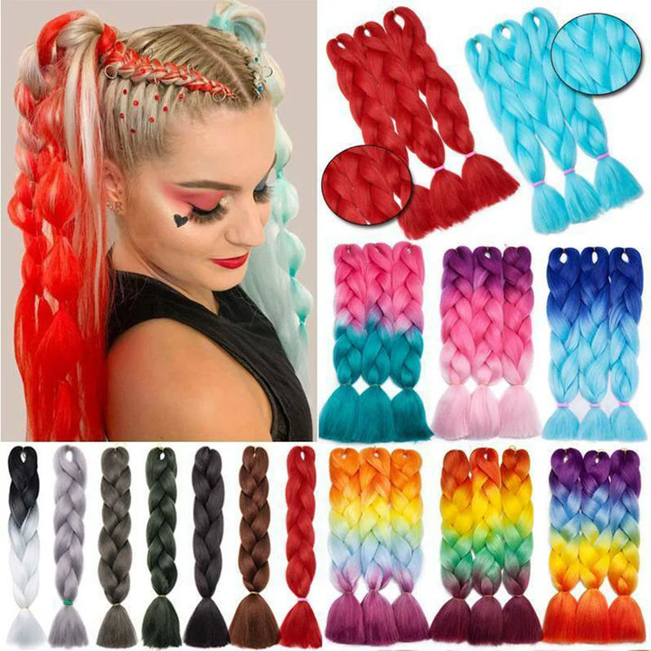 Collage of braided hair extensions in various colors with a person styled with red and blonde hair.