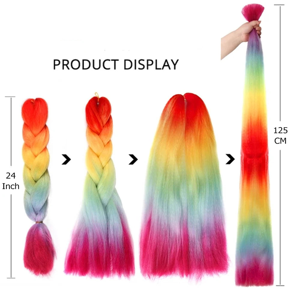 Display of colorful hair extensions with measurements 
