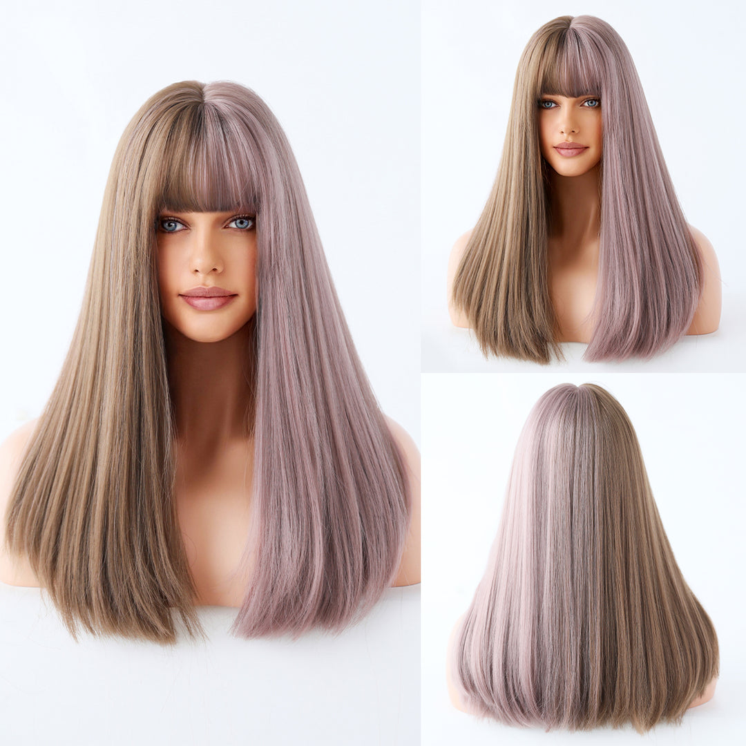 Ombre Gray Wigs Long Straight Perruques with Bangs Platinum Blonde Synthetic Wig for Women. Perfect for Anime Cosplay and Lolita style.
