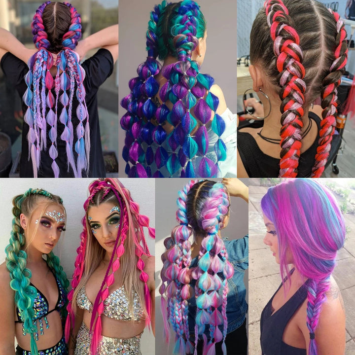 Collage of colorful braided hairstyles with various designs and colors.
