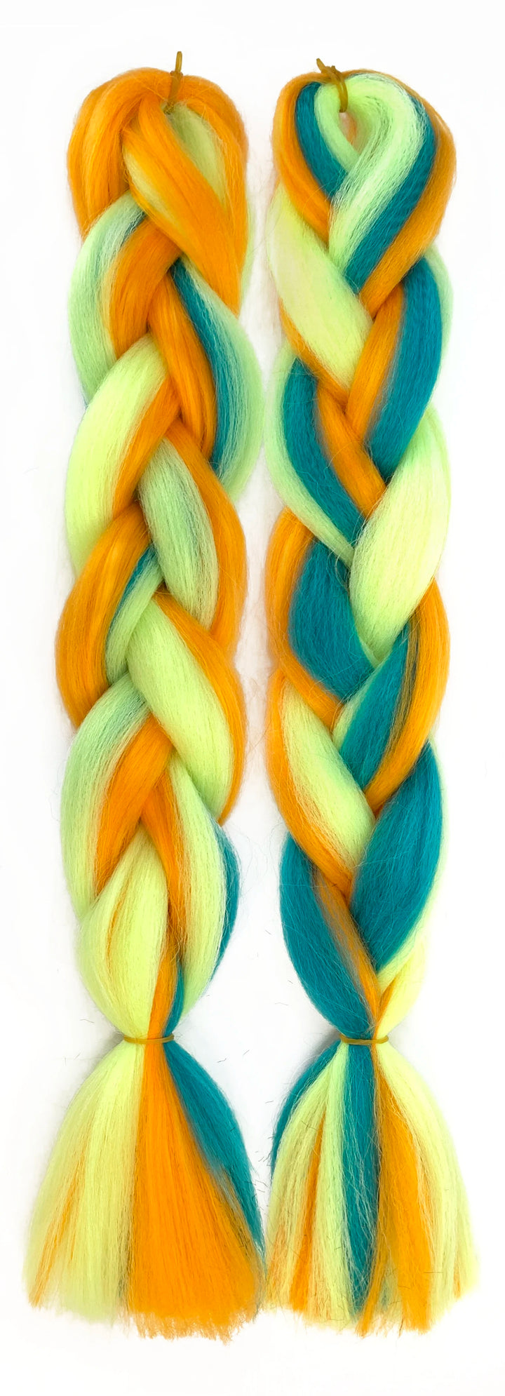 Two braided hair extensions with orange, green, and yellow colors on a white background.