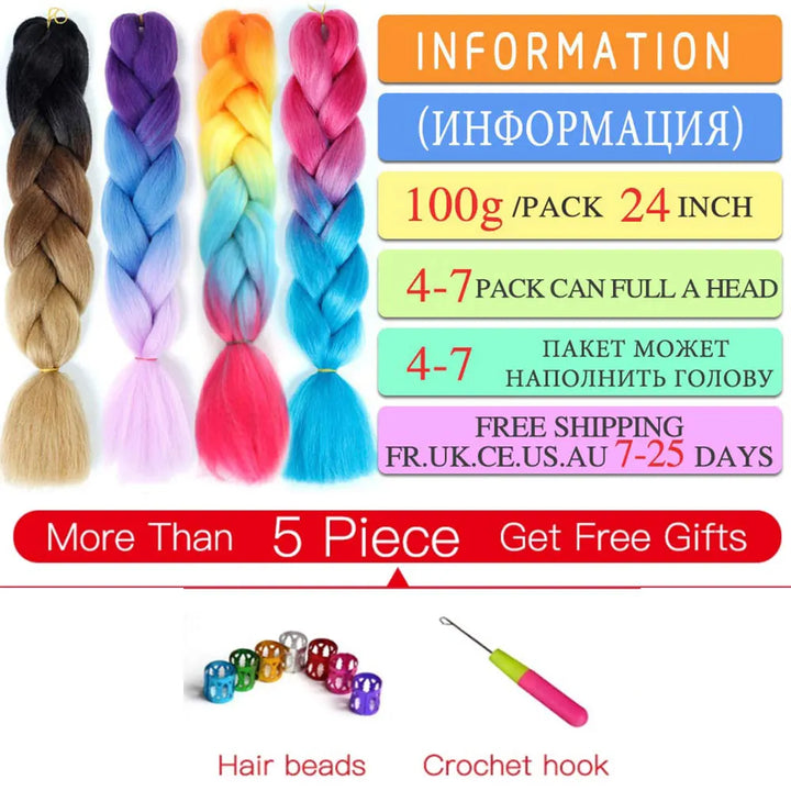 Colorful braided hair extensions with product information and free gift offer on a white background.