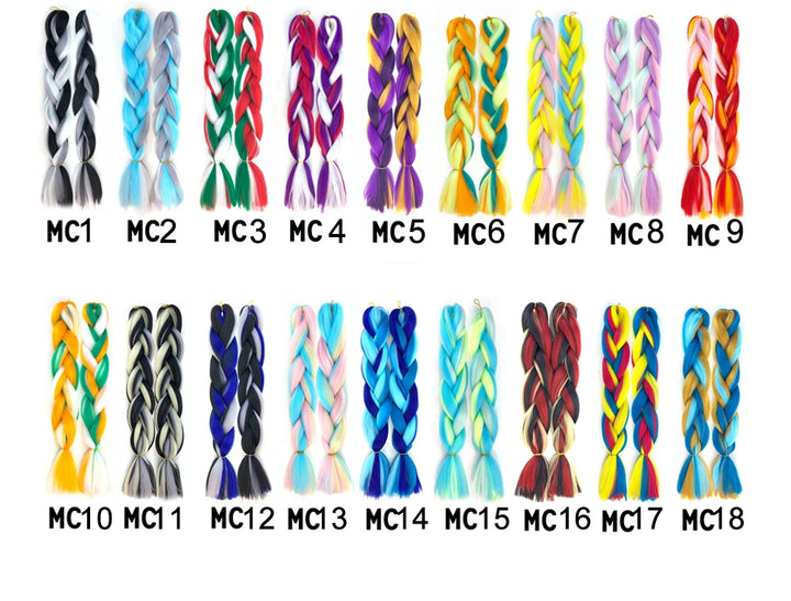 Colorful braided hair extensions arranged in a grid with labeled color codes.