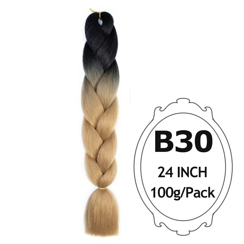 Braided hair extension with ombre color and product details on a white background
