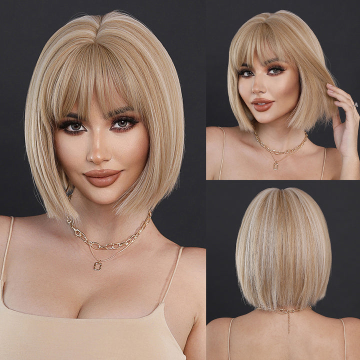 12-inch Short Bob Straight Wig with Bangs - Natural Red Yaki Synthetic Heat Resistant Burgundy Red Hair for Party Cosplay.