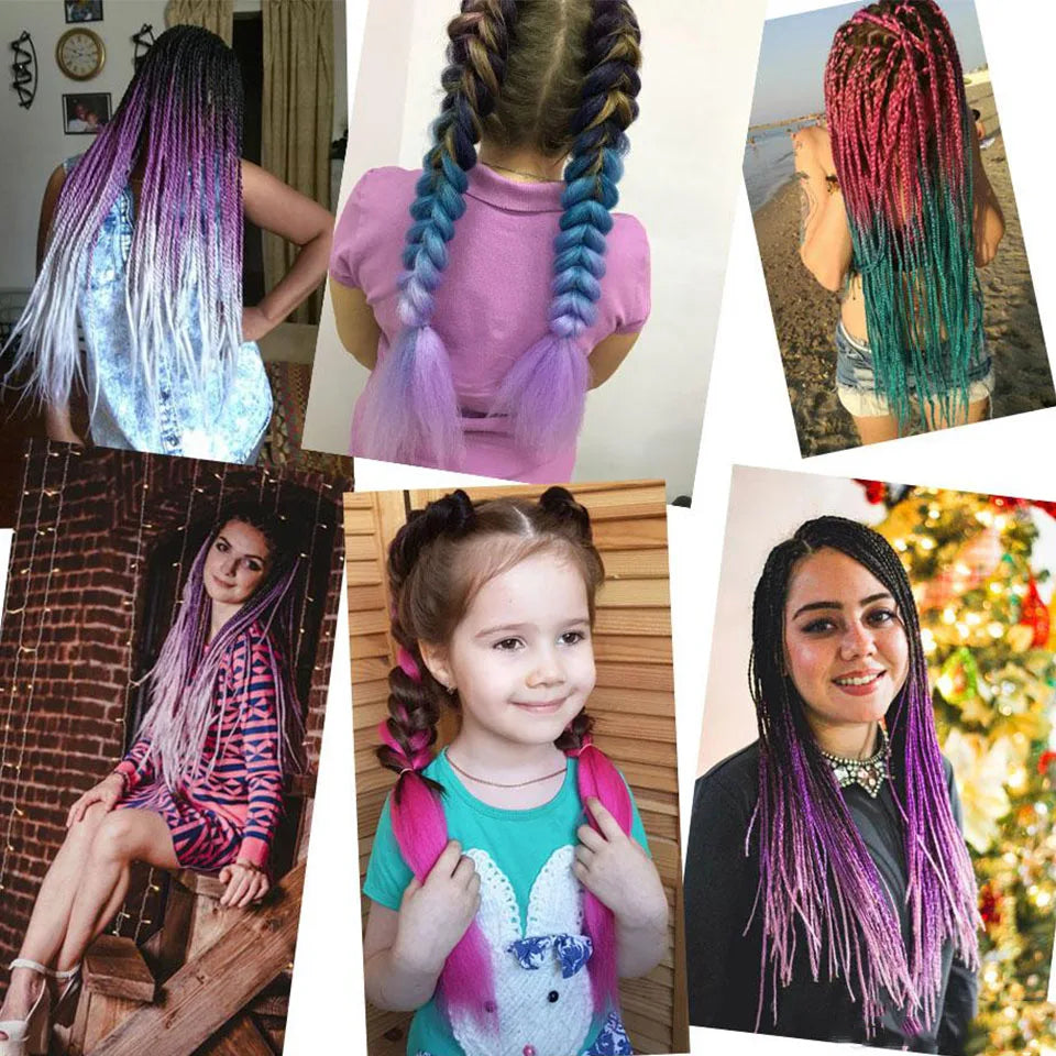 Collage of people with colorful braided hairstyles in various settings.