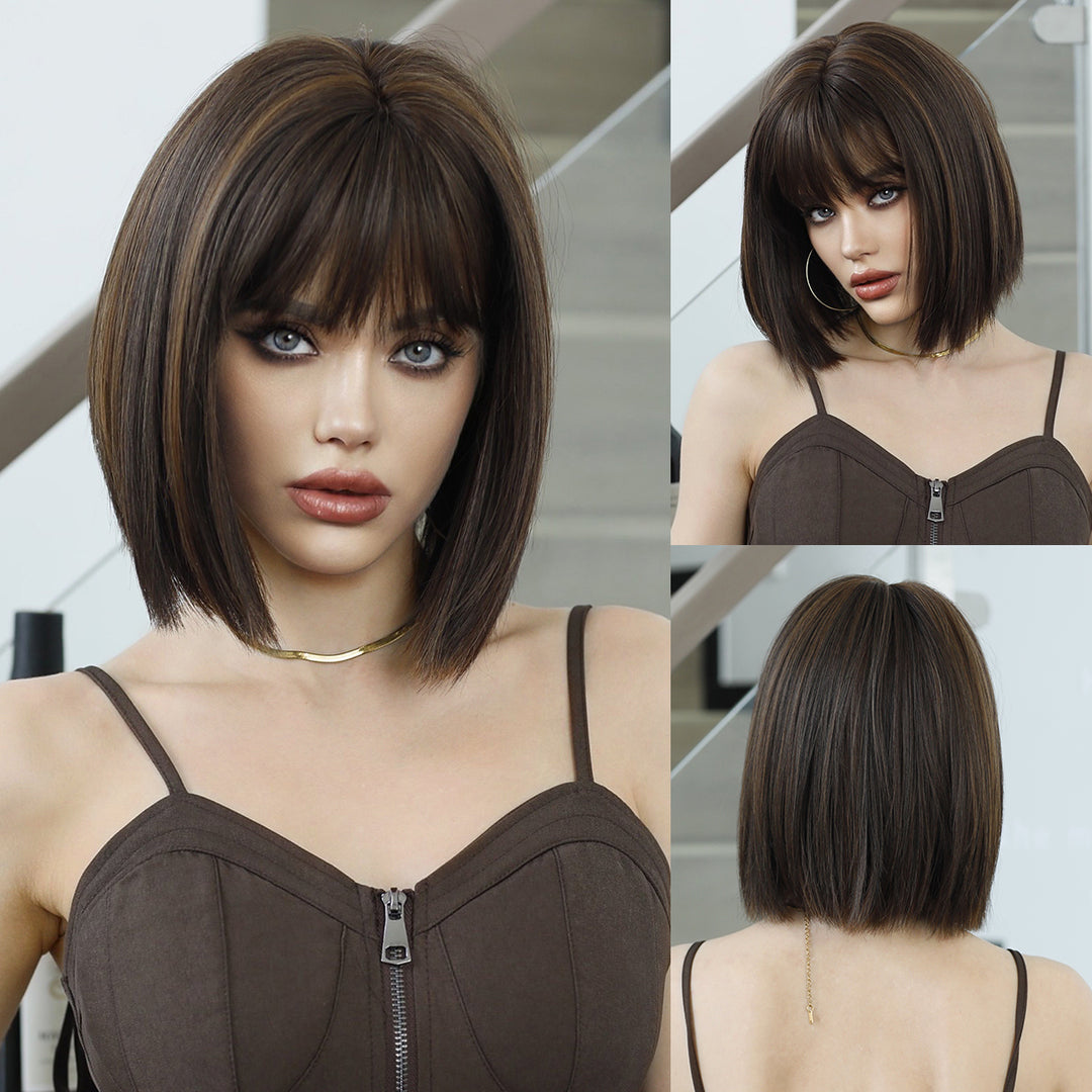 12-inch Short Bob Straight Wig with Bangs - Natural Red Yaki Synthetic Heat Resistant Burgundy Red Hair for Party Cosplay.