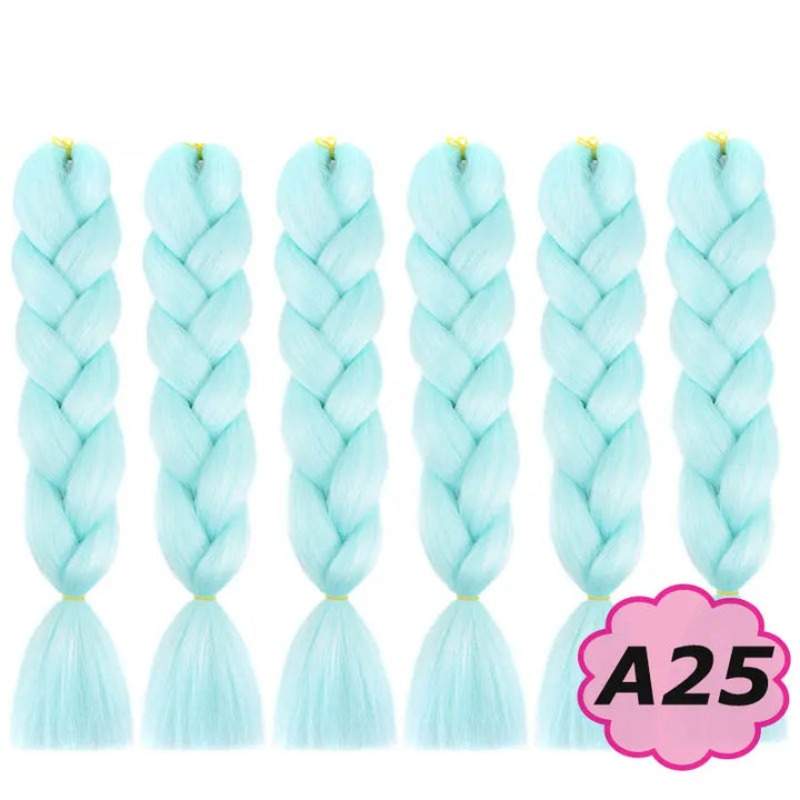 Set of six light blue braided hair extensions with on a white background.
