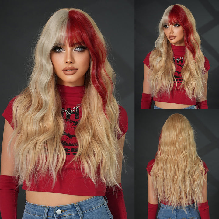 28in Long Wavy Black Purple Highlight Wig, Natural Heat Resistant Synthetic Curly Style with Bangs for Women.