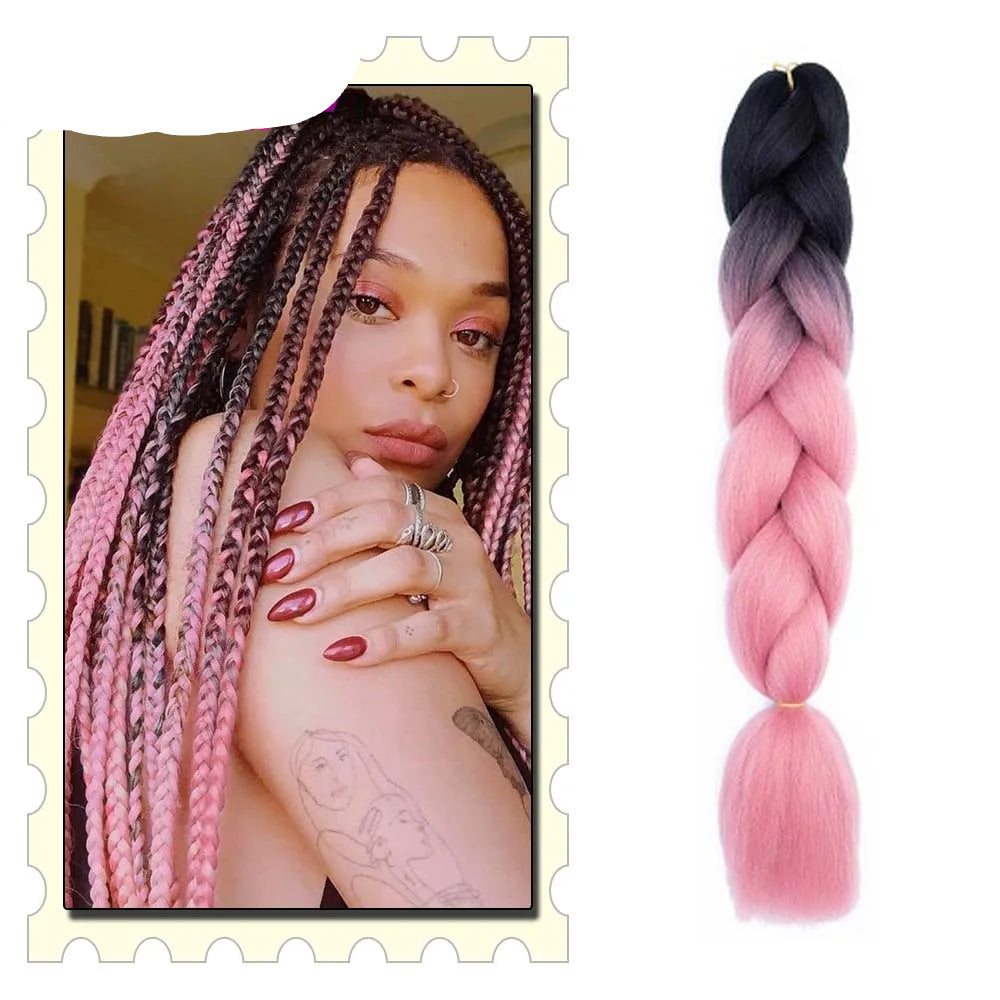 24" Pink Jumbo Braiding Hair – Yaki Texture Synthetic Bulk Extensions (Purple/Red/Green Options)
