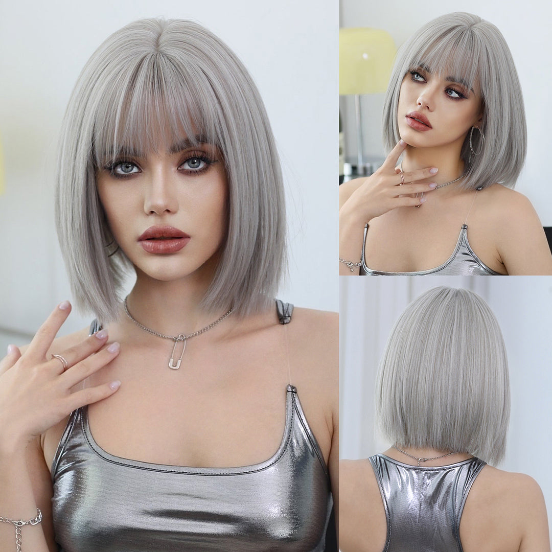 12-inch Short Bob Straight Wig with Bangs - Natural Red Yaki Synthetic Heat Resistant Burgundy Red Hair for Party Cosplay.