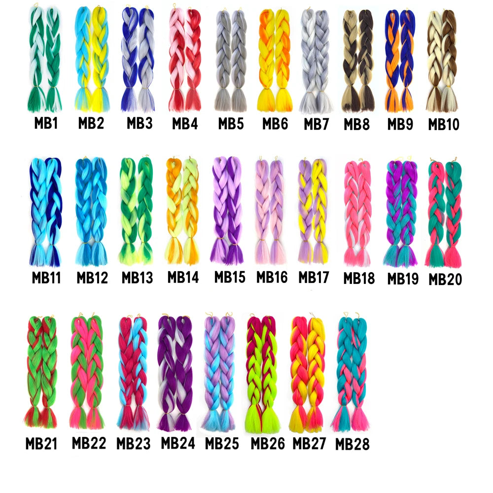 Colorful braided hair extensions labeled MB1 to MB28 on a white background.