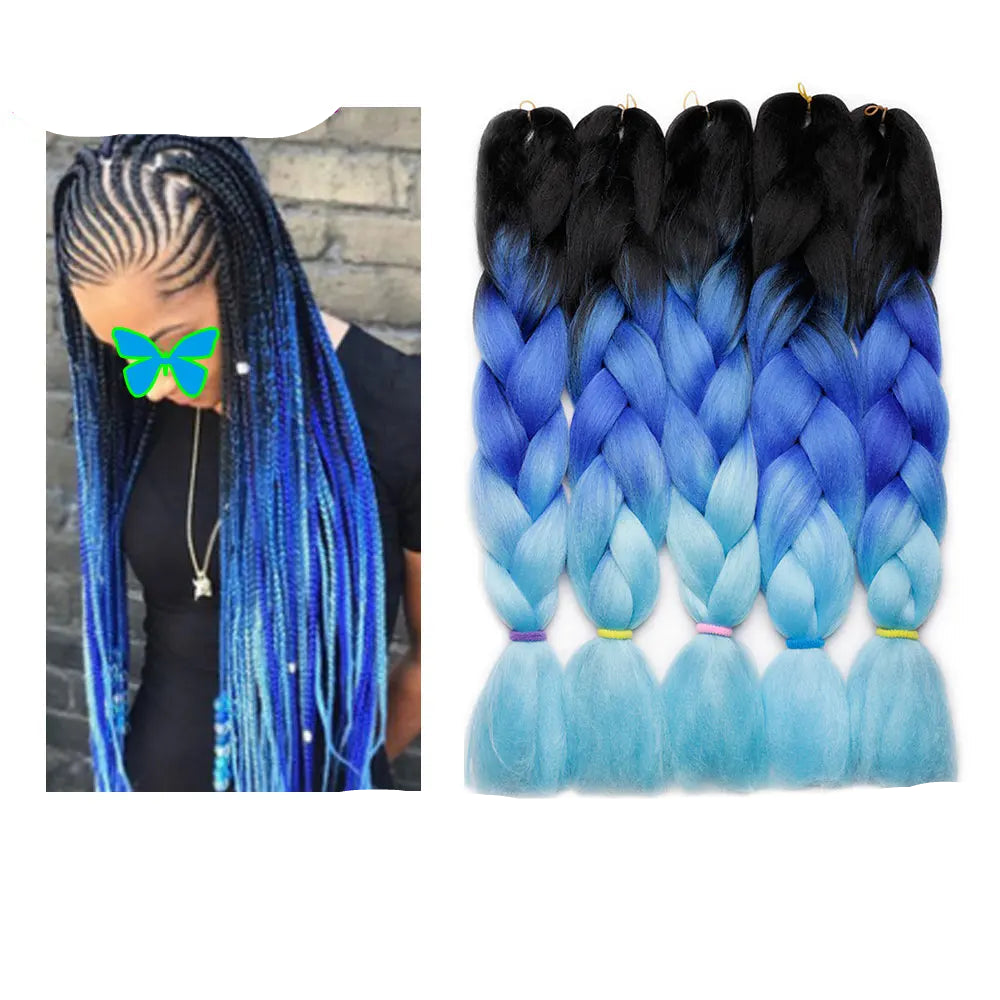 Blue and black ombre braided hair extensions with a person wearing them on the left