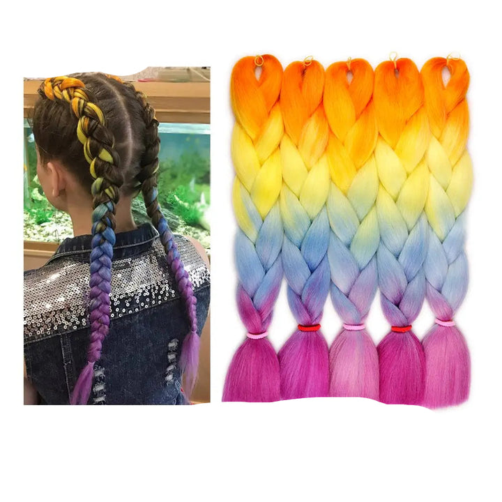 Colorful braided hair extensions with a person wearing them