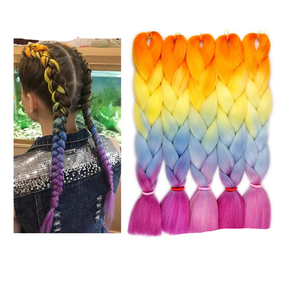 Colorful braided hair extensions with a person wearing them