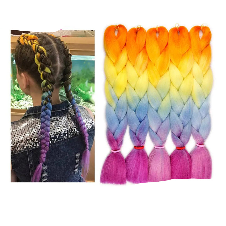 Colorful braided hair extensions with a person wearing them