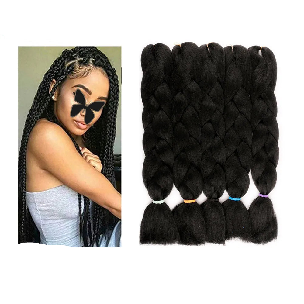 Black braided hair extensions with a woman wearing braided hair on the left, 