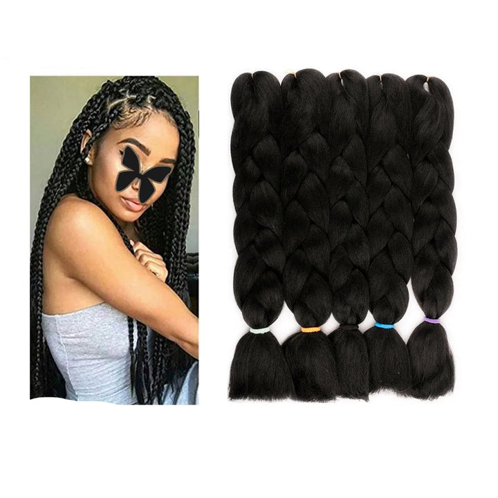 Black braided hair extensions with a woman wearing braided hair on the left, 