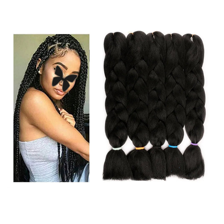 Black braided hair extensions with a woman wearing braided hair on the left, 