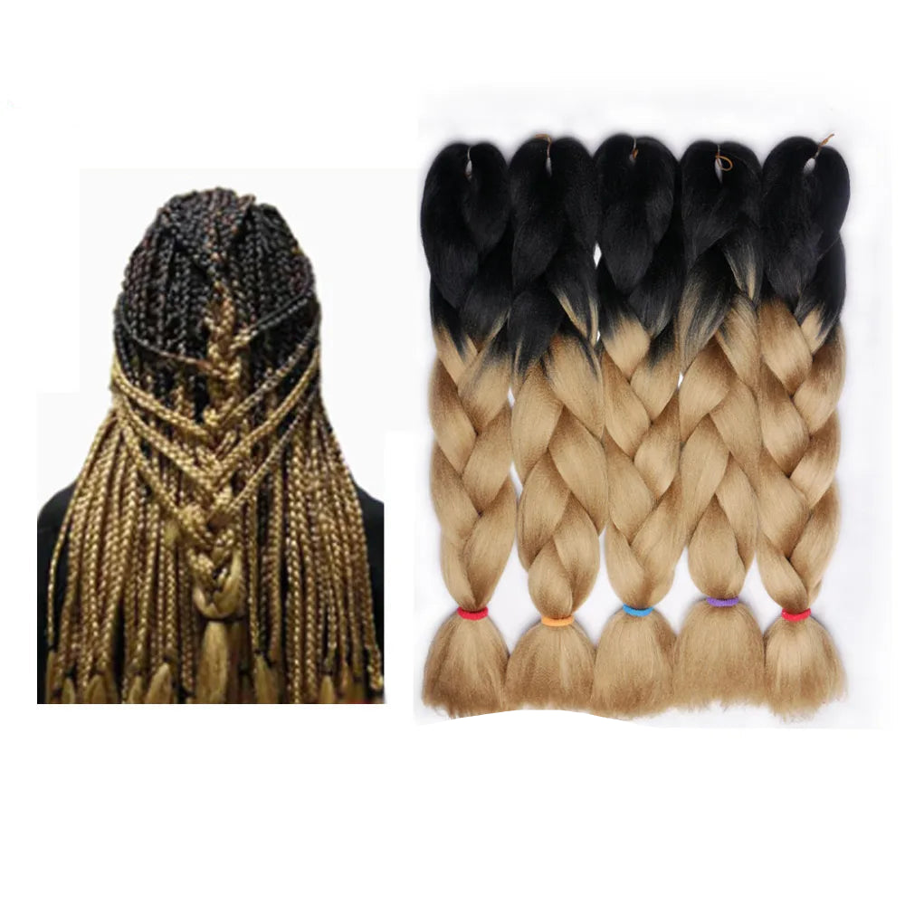 Hair extensions with ombre color and braided hairstyle on a white background