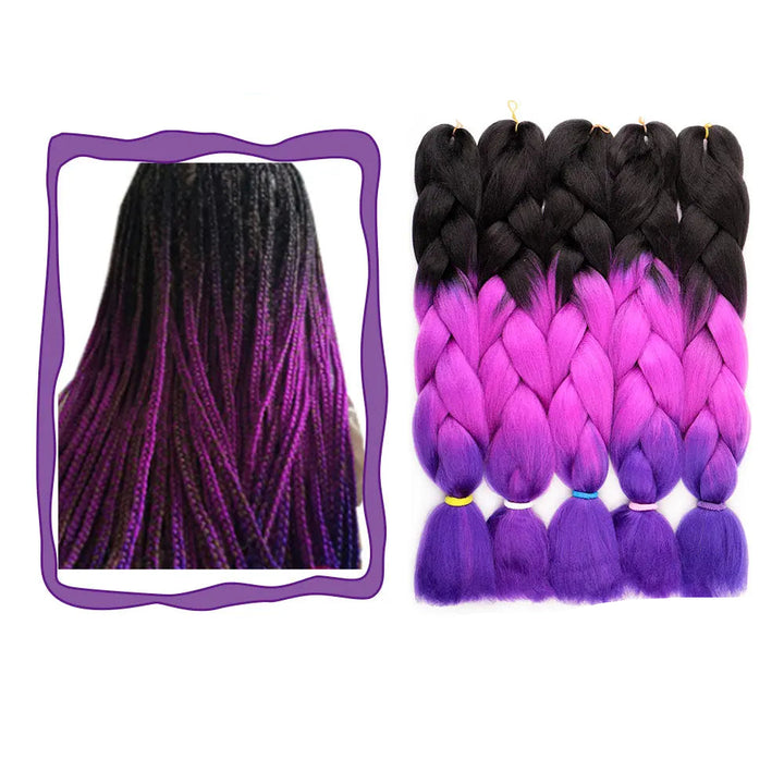 Black to purple ombre braided hair extensions with a mirror reflection on a white background