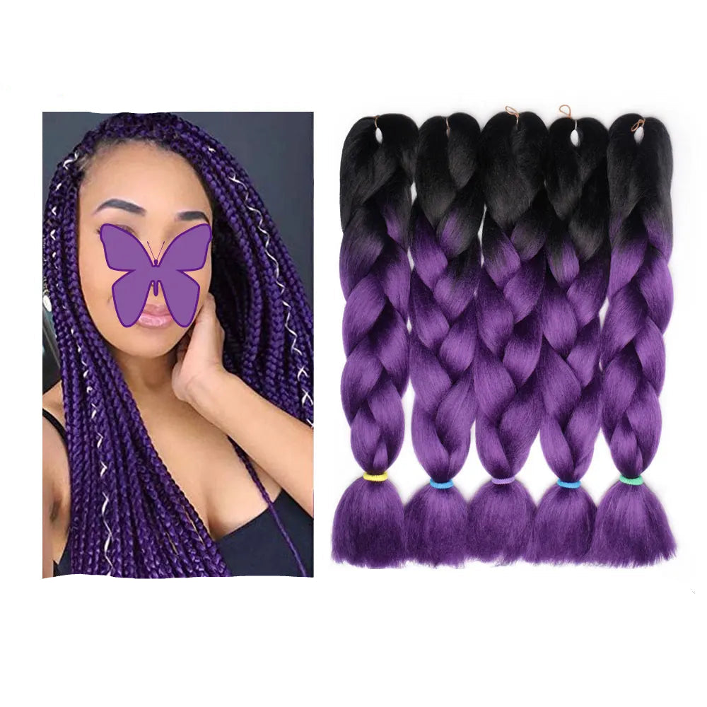 Purple and black ombre braided hair extensions with a woman wearing purple hair extensions.